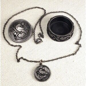 Vintage 1980's Signed Torino Pewter 3 In 1 Necklace Brooch Round Trinket Box